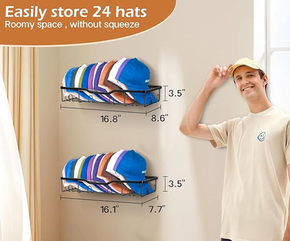 KEETDY Metal Hat Racks for Baseball Caps Wall Hat Organizer Fit 48 Caps Holder, 2 Packs Sturdy Wall Mounted Hat Storage Organizer, Black, Patent: US D1,041,201 S
