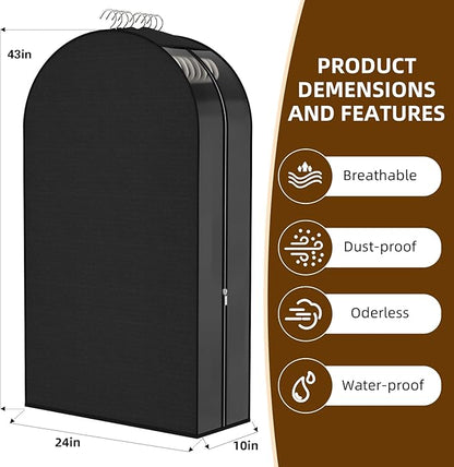 Black Garment Bags for Hanging Clothes 4 Packs, 10“ Gusseted and 43" Clothes Protectors for Hanging Clothes for Closet, Shirts, Coats, Dresses