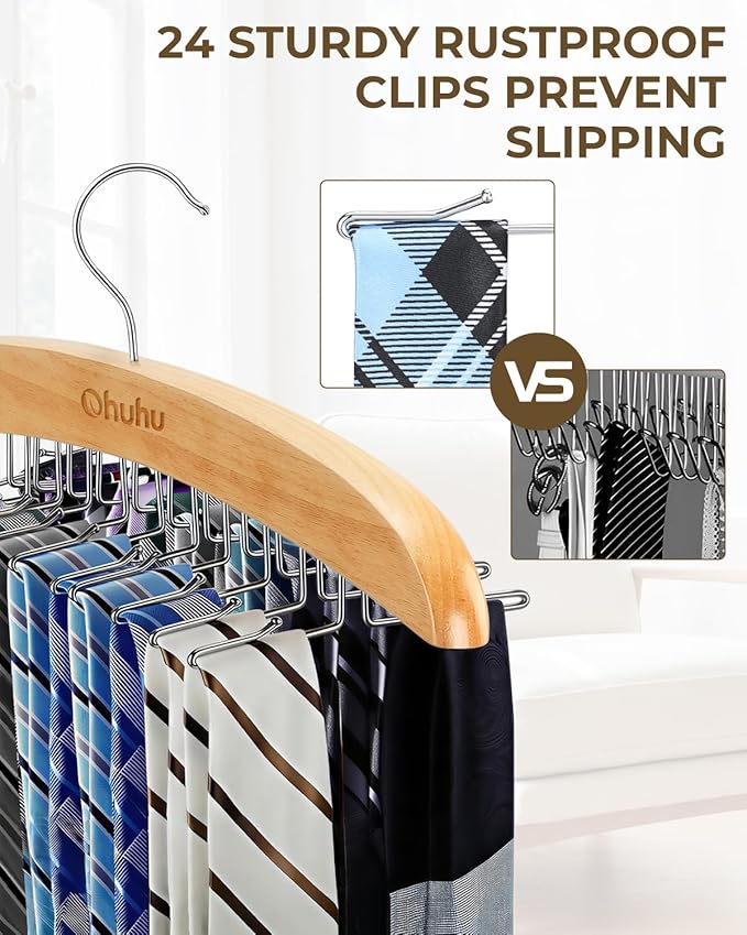 Ohuhu 24-Hook Wooden Tie Rack Organizer for Closet – Space Saving Hanger with 360° Rotating Anti-Slip Clips, Holds 24 Ties Securely Without Wrinkles – Premium Hardwood & Rustproof Steel