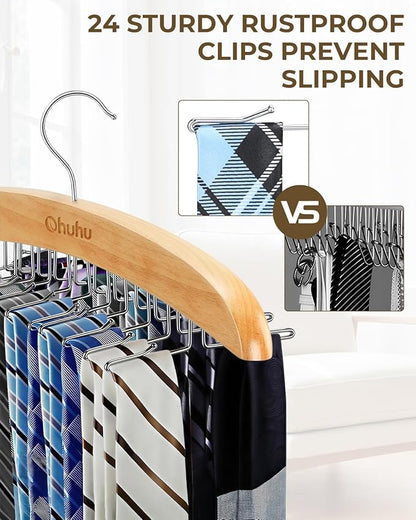 Ohuhu 24-Hook Wooden Tie Rack Organizer for Closet – Space Saving Hanger with 360° Rotating Anti-Slip Clips, Holds 24 Ties Securely Without Wrinkles – Premium Hardwood & Rustproof Steel