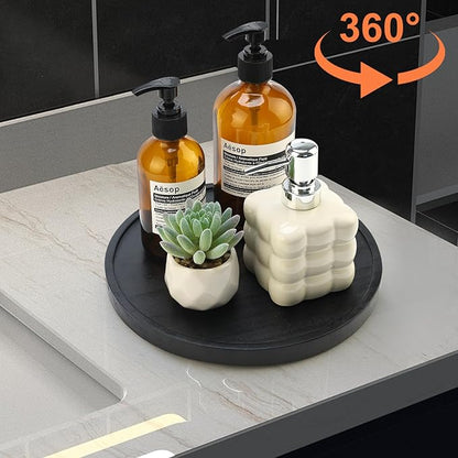 Black Wooden Bathroom Vanity Counter Tray Decor Round Perfume Dresser Trays Kitchen Sink Soap Dish Dispenser Holder Large Wood Lazy Susan Turntable for Table Rotating Bathroom Organizer Accessories
