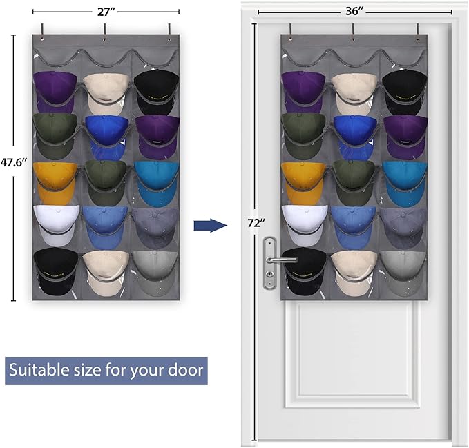 Dofilachy Hat Rack - Hat Organizer - Hat Racks for Baseball Caps, Visible Hat Holder - Baseball Hat Rack for Wall Door with 3 Hooks, 18 Deep Pockets(Grey, medium)
