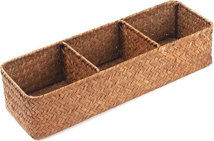 DOKOT Seagrass Toilet Tank Basket with 3 Section, Bathroom Toilet Paper Storage Baskets for Organizing (Natural)