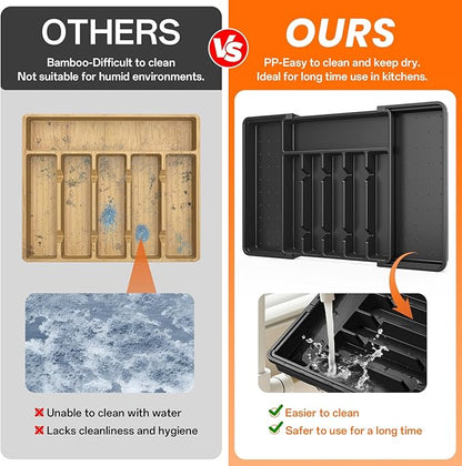 RoomHacks Large Silverware Organizer,Expandable Utensil Drawer Organizer,BPA Free Utensil Holder,Adjustable Silverware Tray Cutlery Drawer Organizer for Kitchen Flatware,Large,Black (6-8 Slots)