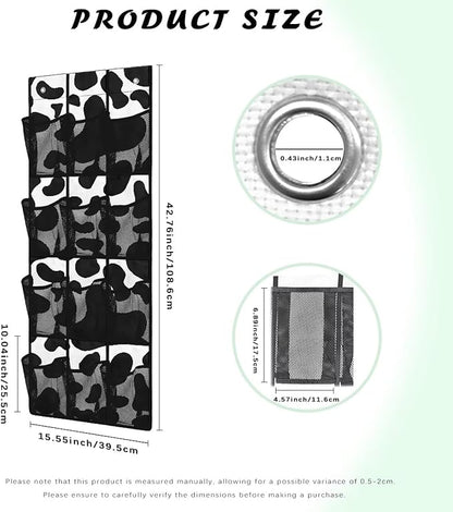 Over Door Organizer, Black and White Cow Print 12 Compartment Breathable Mesh Pocket Hanging Shoe Rack for Closet Door Hanging Storage Organizer for Closets Behind Doors