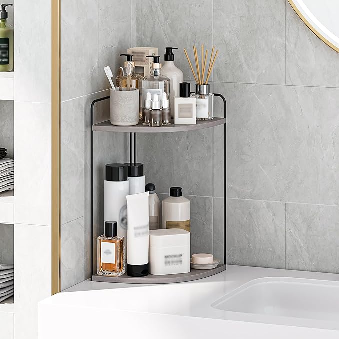 Forest Angle Bathroom Counter Organizer,Countertop Organizer,Vanity Organizers,Bathroom Storage,Bathroom Sink Caddy,Counter Shelf,Corner Counter,Corner Shelves(Black-Grey)
