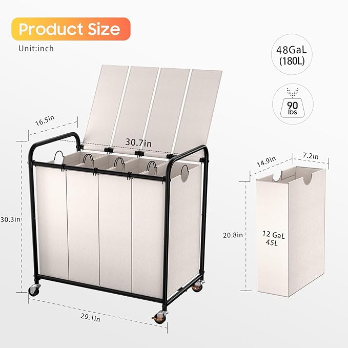 Laundry Sorter 4 Sections 48 Gal, Rolling Laundry Basket with Lockable Wheels and Lid, Laundry Hamper with 4 Separated Removable Bags Dirty Clothes Hamper for Laundry Room Organizer, White