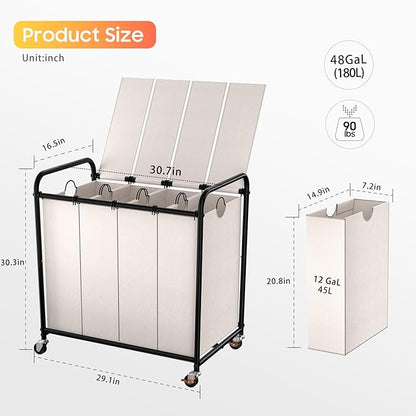 Laundry Sorter 4 Sections 48 Gal, Rolling Laundry Basket with Lockable Wheels and Lid, Laundry Hamper with 4 Separated Removable Bags Dirty Clothes Hamper for Laundry Room Organizer, White