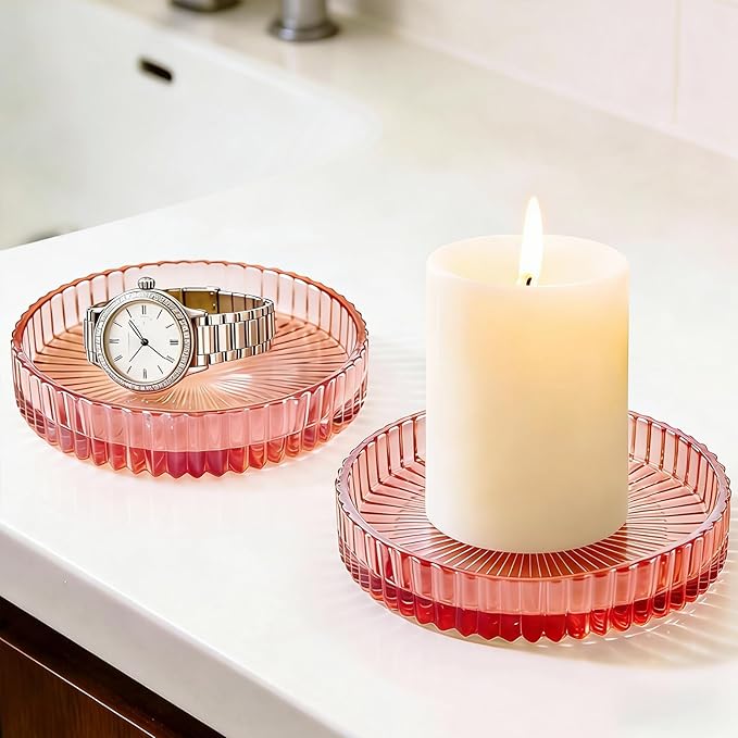 Glass Qtip Dispenser 2 Pack, Clear Bathroom Storage Organizer for Cotton Swabs, Balls, Pads & Floss Picks, Vanity Makeup Essential Accessories (Pink)