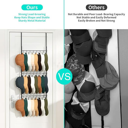 HapiRm Over Door Hat Rack - 3 Tier Wall Mounted Hat Organizer with 24 Hooks, Baseball Cap Organizer Storage Holds up to 24 Caps for Door, Bedroom, Closet