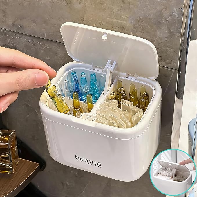 Pop-Up Q-Tip Holder & Cotton Pad Dispenser, Wall Mounted or Countertop Bathroom Organizer Box, Automatic Lifting Storage for Cotton Swabs, Hair Ties, Floss, Dustproof 4-Grid Vanity Container(White)