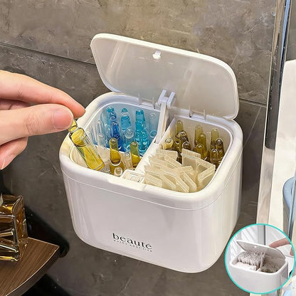 Pop-Up Q-Tip Holder & Cotton Pad Dispenser, Wall Mounted or Countertop Bathroom Organizer Box, Automatic Lifting Storage for Cotton Swabs, Hair Ties, Floss, Dustproof 4-Grid Vanity Container(White)