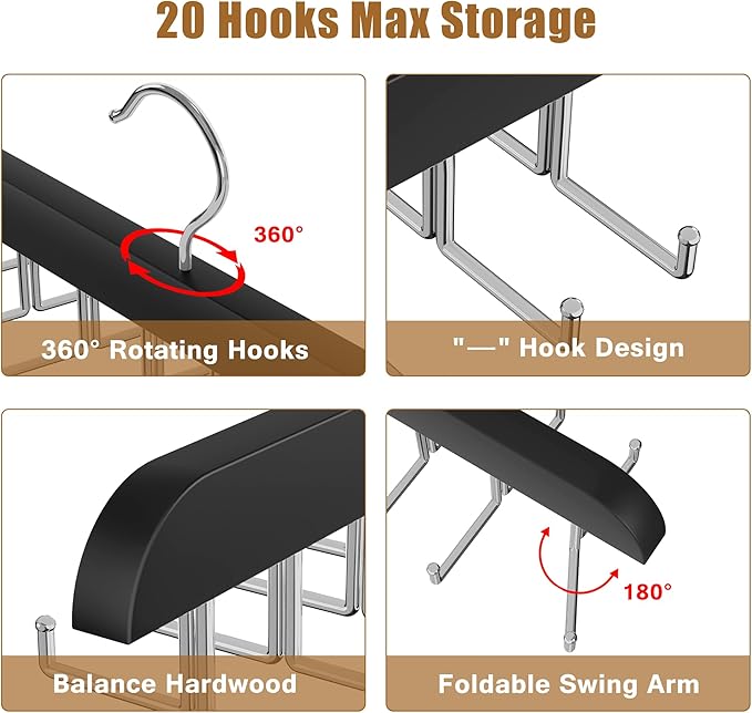 Tie Rack Hanger for Closet, 2 in 1 Belt Tie Hangers with 20 Folding Hooks, 360 Degree Rotating Wooden Tie Holder Organizer for Men Ties Belts Scarves Tank Tops Accessories, Black (1 Pack)