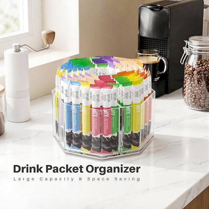Divided Drink Packet Organizer, Octagonal 5 Compartment Clear Lazy Susan Turntable, Rotating Storage Organizer for Powdered Drink Mix, Water Flavor Packets, Coffee, Tea, Spices