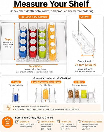 Can and Bottle Sliding Organizer Tray,Front-Fridge Self-Feed Beverage Rack for Kitchen,Pantry,Convenience Store,Retail Shelves(75-410 mm)