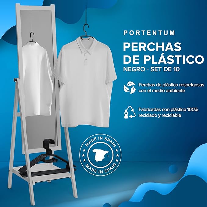 PORTENTUM Pack of 10 Plastic Hangers for All Types of Clothes – 100% Recycled Plastic - 360º Swivel Hook - Space Saving - Accessory Holder - Hooks for Dresses and Blouses - Black - Made in Spain