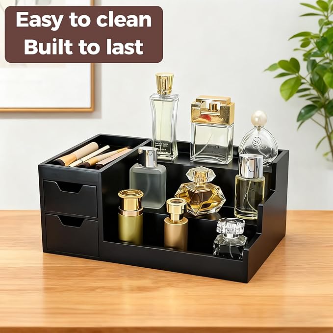 Countertop Perfume & Makeup Organizer - Wooden Rack, Cologne Stand Shelves & Skincare Organizer for Bedroom Dresser, Organizador de Perfumes Estante para Perfumes (Black, 01)