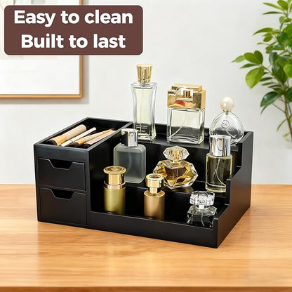 Countertop Perfume & Makeup Organizer - Wooden Rack, Cologne Stand Shelves & Skincare Organizer for Bedroom Dresser, Organizador de Perfumes Estante para Perfumes (Black, 01)