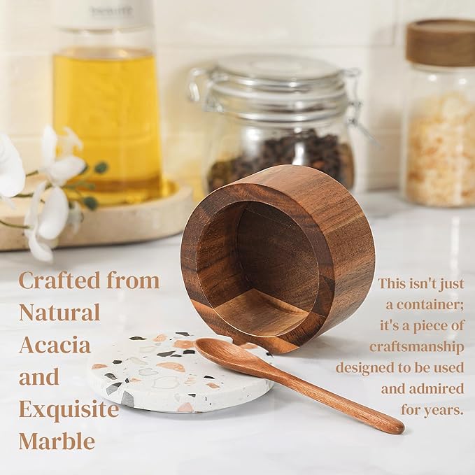 Wooden Salt Cellar with Marble Lid,Salt Container Box Bowl for Countertop,Elegant Salt Holder Jar Dish with Spoon,Kitchen Seasoning Containers for Salt Pepper Sugar Spice Storage,6OZ