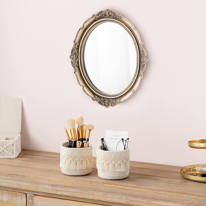 Mkono Macrame Makeup Brush Holder Organizer Comb Brushes Mini Storage Basket Set of 2 Boho Decor Baskets for Pen Pencil Box Container, X-Small, Ivory