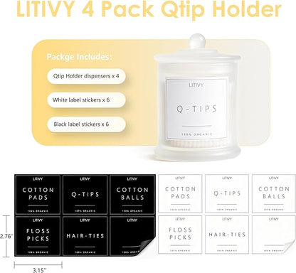 LITIVY 4 Pack Bathroom Organizers and Storage - 16 Oz Glass Qtip Holder & Cotton Pad Dispenser with Lid, Apothecary Jars for Home, Room Decor, Kitchen Organizer (Frosted White)
