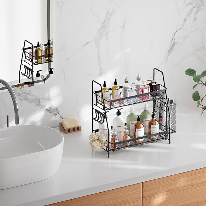 VITVITI 2-Tier Bathroom Organizer Countertop, Metal Wire Mesh Bathroom Counter Organizer Storage with Basket Hooks, Vanity Tray Shelf, Kitchen Spice Rack, Small Black