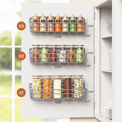 Mystozer 5 Pack Spice Rack Seasoning Organizer Wall Mount, Spice Storage Spice Rack Organizer Pantry Door Organizer Screw or Adhesive Hanging Shelf Basket Spice Organizer Shelf for Kitchen (Gray)