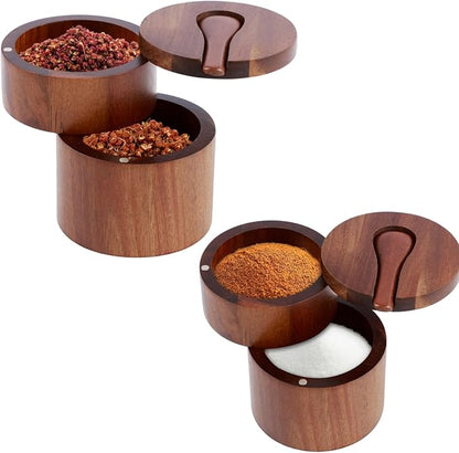 Acacia Wood Salt Cellar, 2 Layers Salt Container with Lid and Spoon, Wood Salt or Spice Box with Swivel Cover for Keeping Table Salt, Herbs or Favorite Seasonings (2 set)