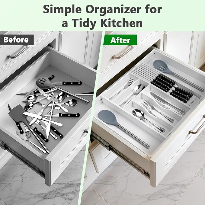 9-Piece Bamboo Kitchen Drawer Organizer Set, Expandable Silverware &Utensil Organizer with Removable Knife Block & Steak Knives, Flatware Organization, Tableware Dividers Storage(White)