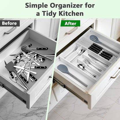 9-Piece Bamboo Kitchen Drawer Organizer Set, Expandable Silverware &Utensil Organizer with Removable Knife Block & Steak Knives, Flatware Organization, Tableware Dividers Storage(White)