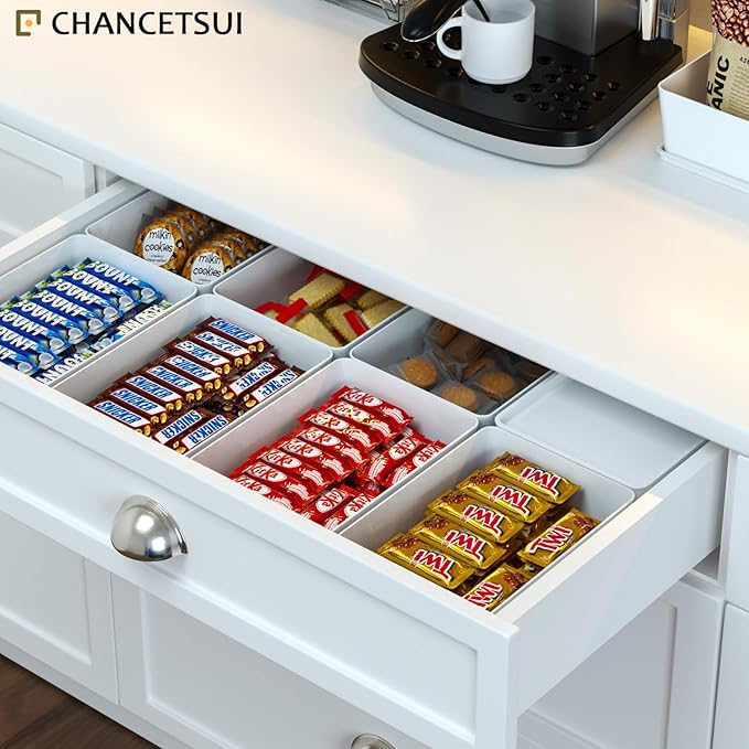 CHANCETSUI Pantry Storage Containers for Snacks: 2 Pack Coffee White Plastic Organizer Bins, 7x10 Inch Stackable Kitchen Cabinet Organizers