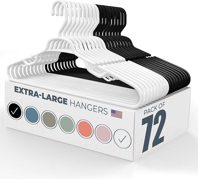 Large & Wide Heavy Duty Clothes Hangers 50+ Pack (72 Count) – Made in USA – Ideal for Plus Size Clothing – 10lb Plastic Hangers with Notches for Oversized Adult Coats & Pants – White & Black