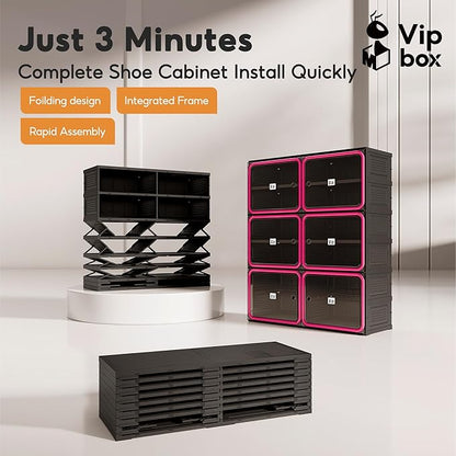 Vipbox No Assembly 6 Tier Collapsible Shoe Rack, 24 Pairs Foldable Shoe Storage Cabinet with Doors, Large Shoe Organizer for Closet, Black & Rose Red