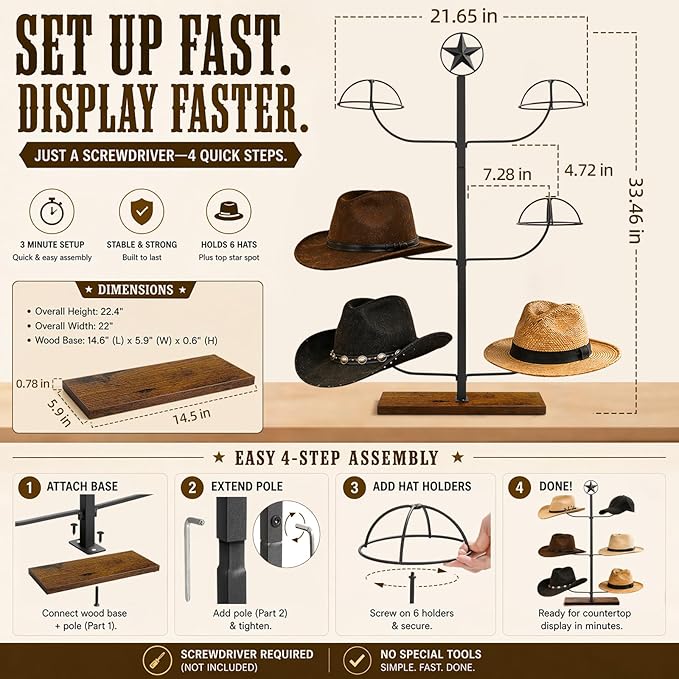 Cowboy Hat Rack for Retail Display, 6 Hat Countertop Hat Display Stand with Wood Base, Freestanding Hat Display Rack and Western Hat Organizer for Cowboy Hats, Fedoras, Caps, Vendor Booth, Closet