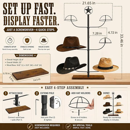 Cowboy Hat Rack for Retail Display, 6 Hat Countertop Hat Display Stand with Wood Base, Freestanding Hat Display Rack and Western Hat Organizer for Cowboy Hats, Fedoras, Caps, Vendor Booth, Closet