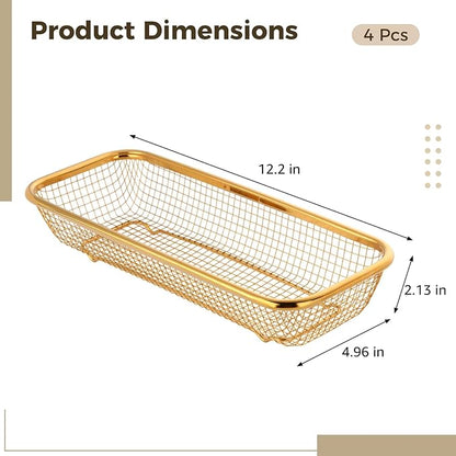 Golden Utensil Holder Wire Basket, 4 Pcs Stainless Steel Dishwasher Baskets, Gold Kitchen Organizers for Pantry, Drawer Bins, Stackable Wire Design, Rustproof Utensil Holder, 12.2×4.96×2.13inch