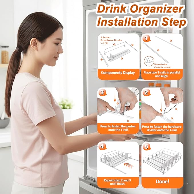 Drink Organizer For Fridge Large Capacity 5 Rows Soda Can Organizer, Automatic Pusher Glide with Removable Dividers For Drink Organizer, Can Holders For Fridge, Space-Saving Can Dispenser For Kitchen
