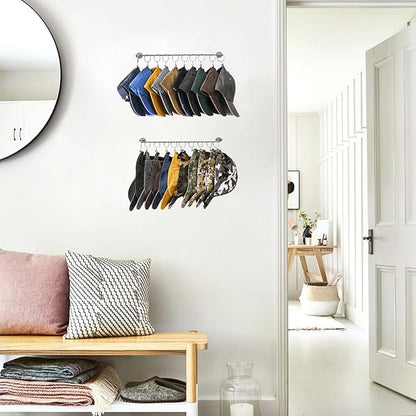Viklluyr Hat Rack Baseball Cap Wall Organizer - Closet Hats Holder with 20 Hooks - Metal Caps Storage Wall Mounted Hat Hanger Set of 2 for Closet Door Bedroom Entryway Laundry(Grey)
