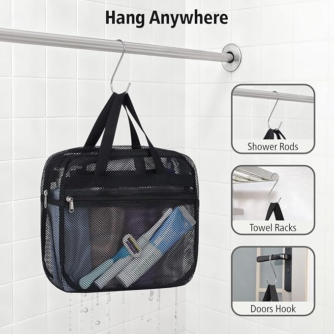 F-color Mesh Shower Caddy Portable with Zipper -Dorm Room Essentials for Guys Girls with S Hook, Shower Bag Basket Tote for College Camping Toiletry Bathroom, Black