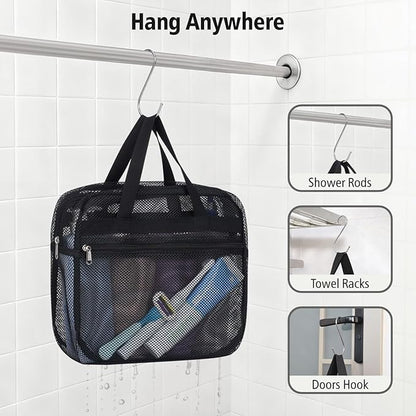 F-color Mesh Shower Caddy Portable with Zipper -Dorm Room Essentials for Guys Girls with S Hook, Shower Bag Basket Tote for College Camping Toiletry Bathroom, Black
