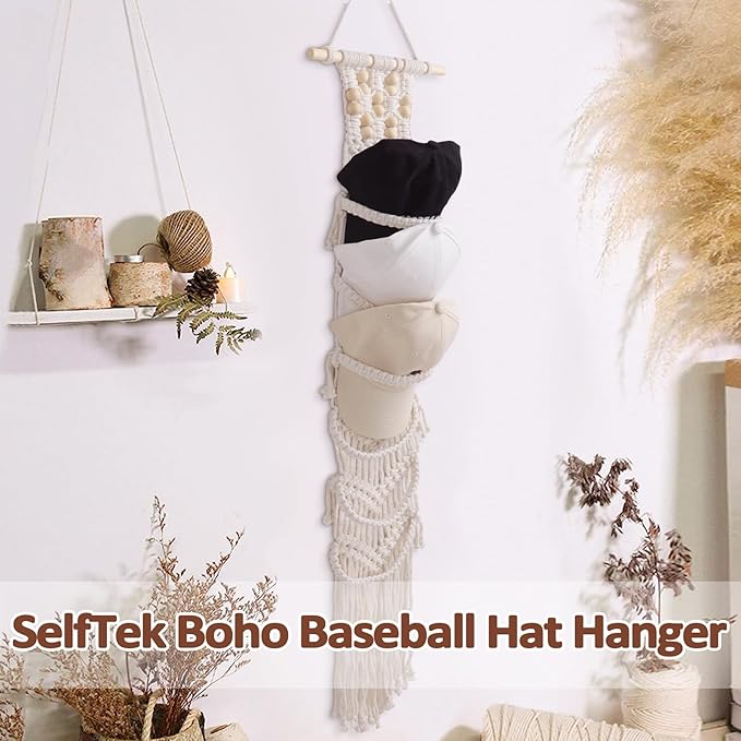 SelfTek 1 Pack Hat Organizer for Baseball Ca-ps, Macrame Hat Holder For Wall, Hat Racks for Wall Door, Boho Hat Hanger Decorative Hat Storage for Baseball C-aps [ Up to 12 C-aps ]