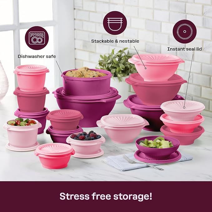 Tupperware Heritage Collection, New 36 Piece Food Storage Container Set in Vintage Pink, Dishwasher Safe and BPA Free (18 containers, 18 lids)