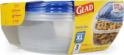 Glad GladWare XL Square Food Storage Containers with Lock Tight Lids, BPA-Free Family Size Plastic Containers for Leftovers, Meal Prep, and Freezer Storage, Dishwasher Safe, 104 Oz, 3 Count