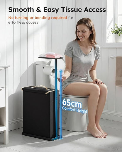 30" H Toilet Paper Holder Stand with Storage for Up to 12 Rolls,Rustproof Free Standing Toilet Paper Stand with Shelf,All-in-One Toilet Tissue Roll Dispenser and Organizer with a Basket,Black