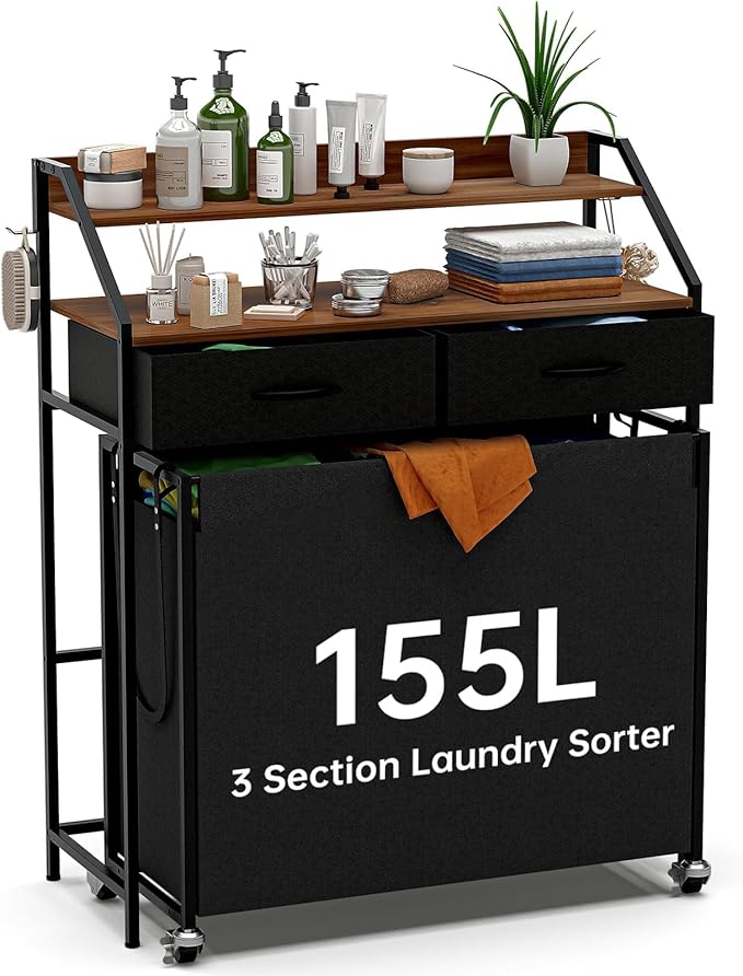 Laundry Sorter with 3 Section Pull Out Bags Rolling Laundry Basket Organizer with 2 Drawers Laundry Hamper with Shelves and Wheels for Laundry Room, Bathroom, Bedroom Organization(2 Tier)