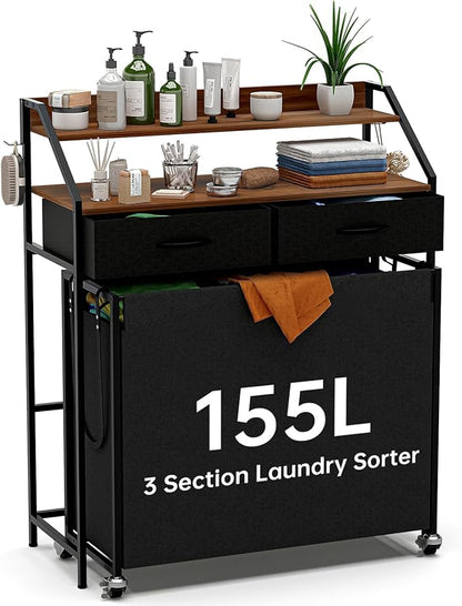 Laundry Sorter with 3 Section Pull Out Bags Rolling Laundry Basket Organizer with 2 Drawers Laundry Hamper with Shelves and Wheels for Laundry Room, Bathroom, Bedroom Organization(2 Tier)