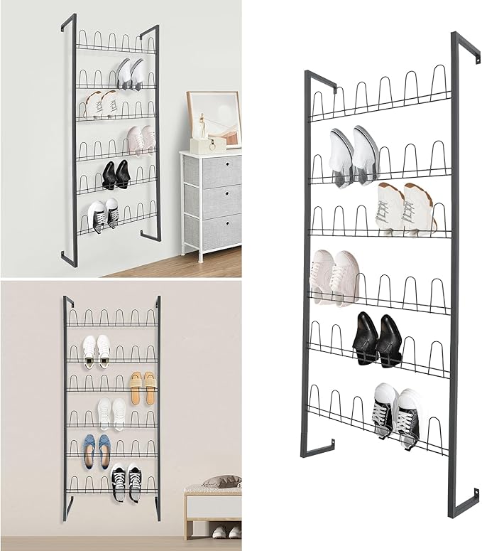 Wall Mounted Metal Shoe Rack Organizer, 6-Tier Iron Hanging Shoe Storage, Shoe Shelf Holds 18 Pairs of Shoes, Shoe Storage Rack for Entryway, Bedroom, Closet, Garage (Black, 6-Tier)