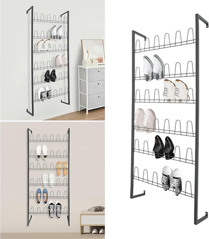 Wall Mounted Metal Shoe Rack Organizer, 6-Tier Iron Hanging Shoe Storage, Shoe Shelf Holds 18 Pairs of Shoes, Shoe Storage Rack for Entryway, Bedroom, Closet, Garage (Black, 6-Tier)