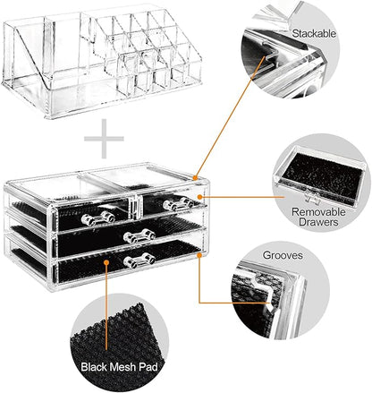 Ikee Design Acrylic Makeup Organizer with 4 Drawers and Removable Top Lipstick Holders, Ideal for Make-up or Accessories,Enhance Your Vanity or Bathroom with Clear Design for Quick Visibility