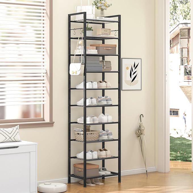 usikey 10 Tiers Narrow Shoe Rack 20-30 Pairs, Sturdy Metal Tall Shoe Rack Shelf with 4 Hooks, Slim Shoe Storage with Metal Shelf, Space Saving Vertical Shoe Organizer for Entryway Black UNYXJX018H